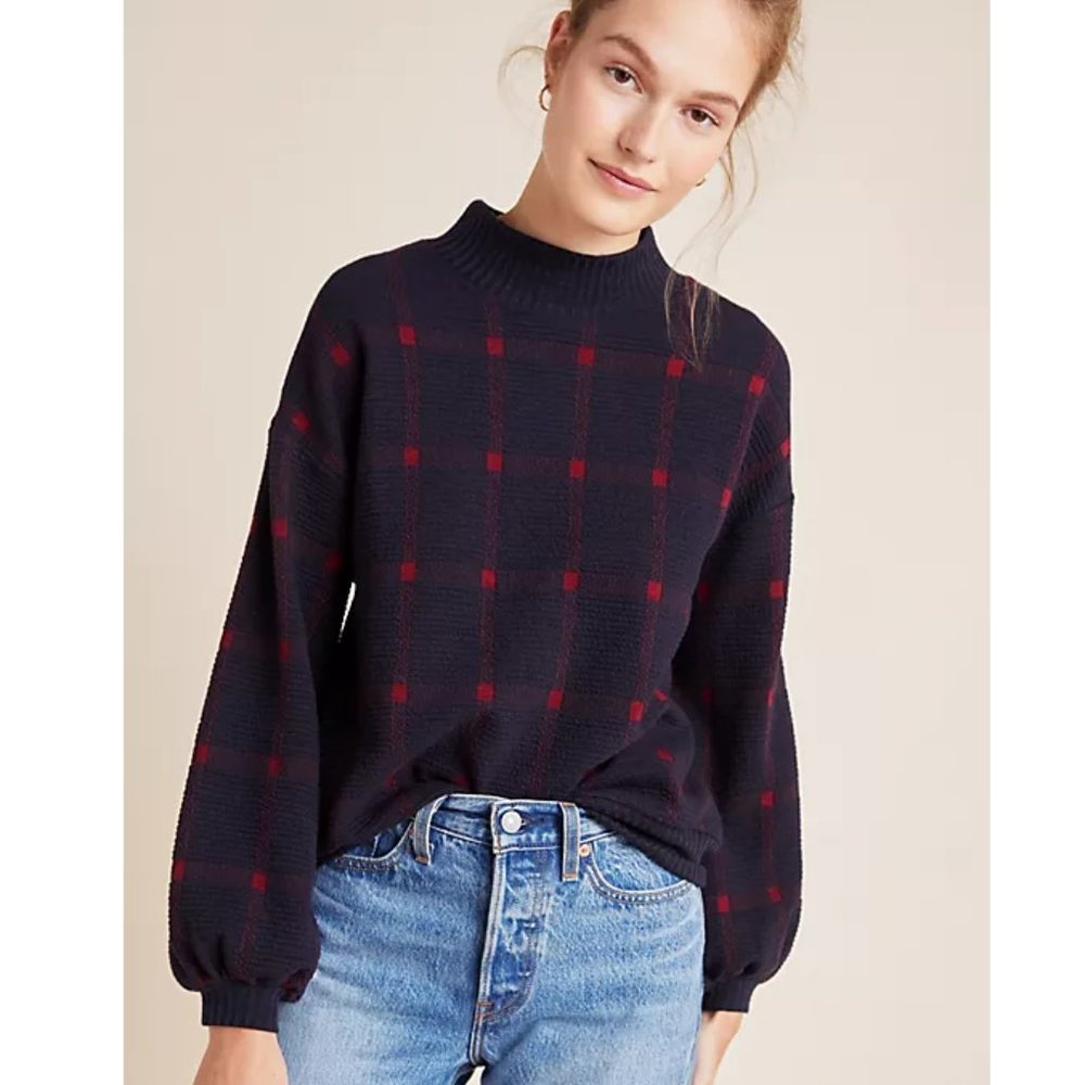 Anthropologie Bonnie Balloon-Sleeved Sweater (Navy & Red Plaid)